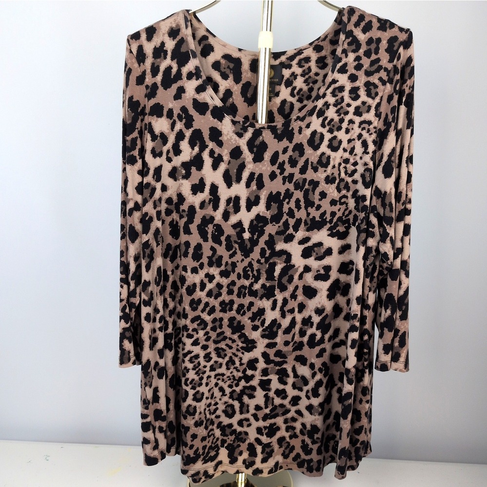 JM Collection Women 2X Tunic Leopard Print 3/4 Sleeve Scoop Neck Plus Size Brown
